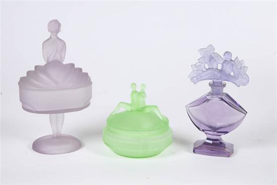 Appraisal: THREE GLASS DRESSER ITEMS Purple Czech glass perfume with Art