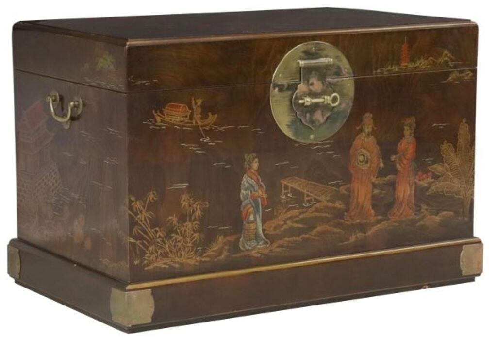 Appraisal: Chinese elm storage trunk th c decorated with figural scenes