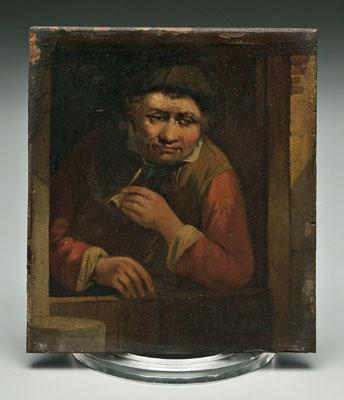 Appraisal: Dutch School painting gentleman with pipe leaning out of window