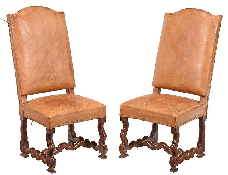 Appraisal: Pair Louis XIV Walnut Backstools Continental th century tan leather