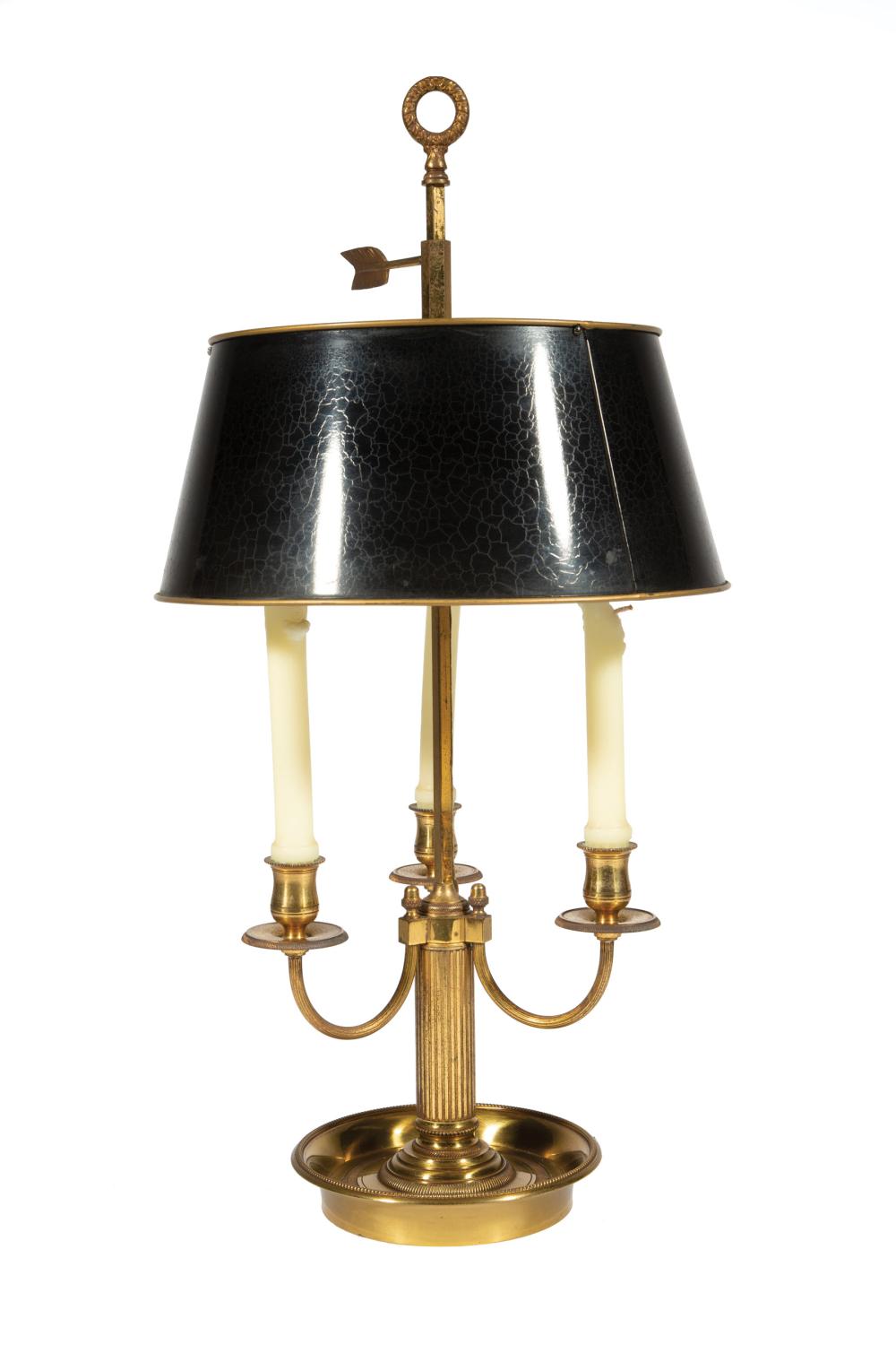 Appraisal: French Brass Three-Light Bouillotte Lamp th c tole peinte shade