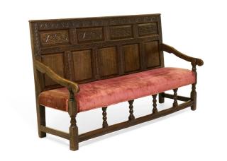 Appraisal: A GOTHIC REVIVAL CARVED OAK BENCH A GOTHIC REVIVAL CARVED