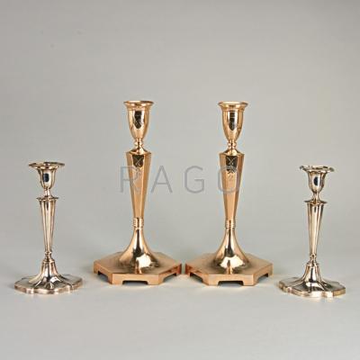 Appraisal: POLISH OR ENGLISH SILVER CANDLE STANDS th C Hexagonal candle