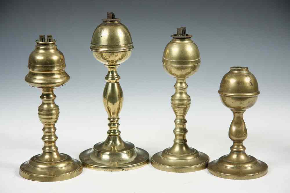 Appraisal: OIL LAMPS - Lot of early brass whale oil lamps