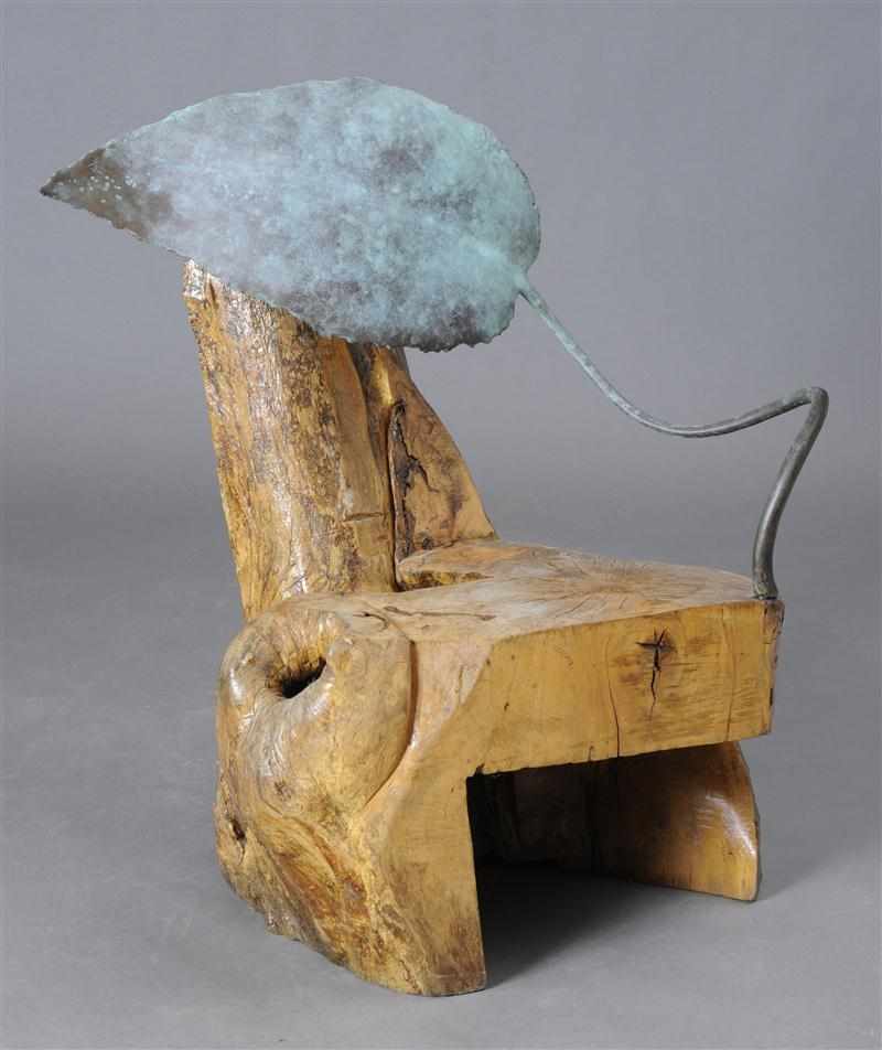 Appraisal: ARTISAN CRAFTED CHAIR WITH TREE TRUNK AND SCULPTED BRONZE LEAF