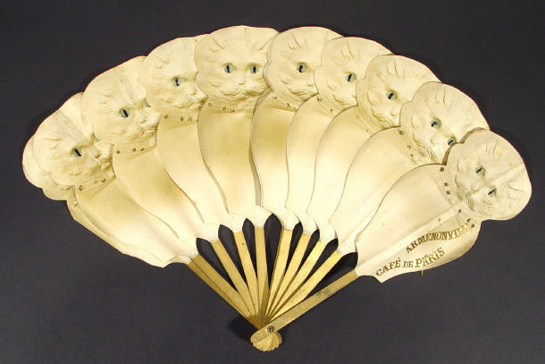 Appraisal: Armenonville French cat design paper fan with gilt guardsticks cm