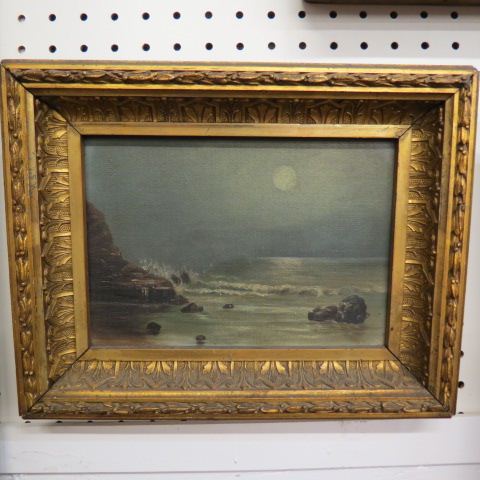 Appraisal: th Century Oil moonlit rocky coastline image area x on