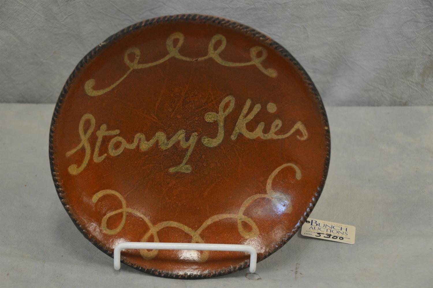 Appraisal: Redware slip decorated script plate Starry Skies cleaned restored PA