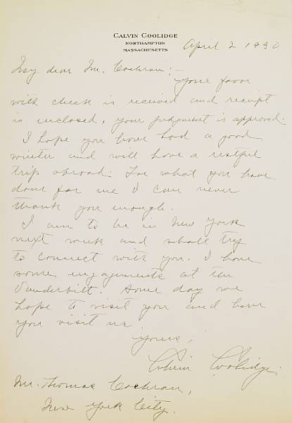 Appraisal: Americana Autograph Letter Signed Calvin Coolidge p to Northampton MA