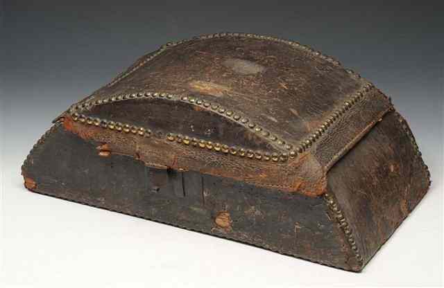 Appraisal: AN EARLY ENGLISH STUDDED LEATHER BOOK BOX with printed interior