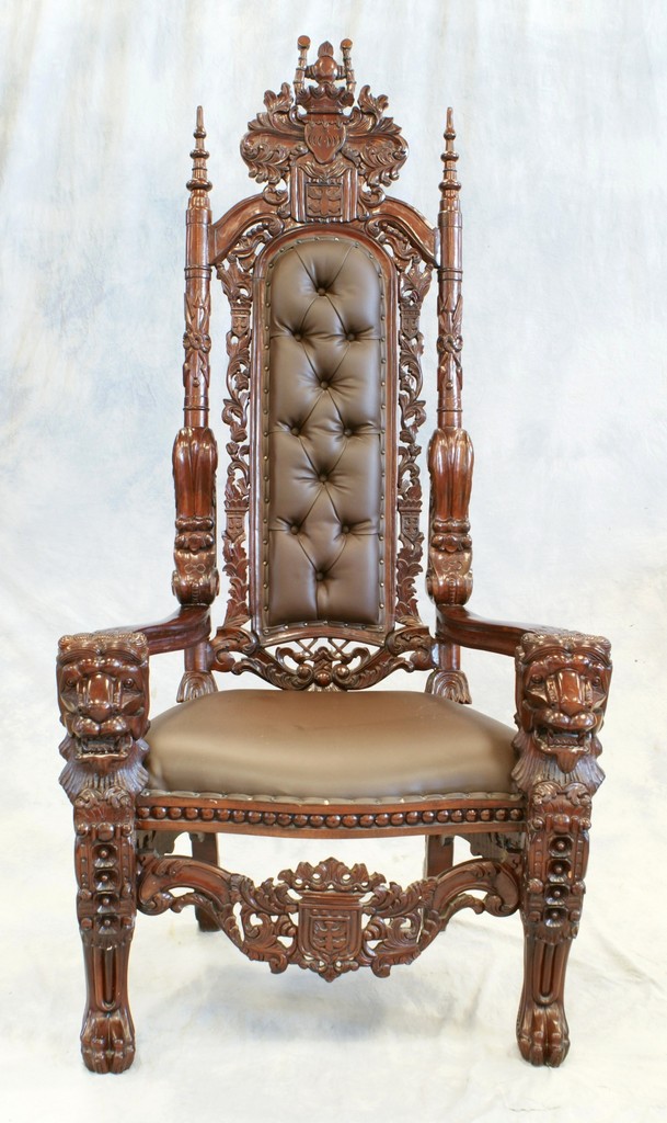 Appraisal: Carved mahogany high back throne chair lion carved arms late