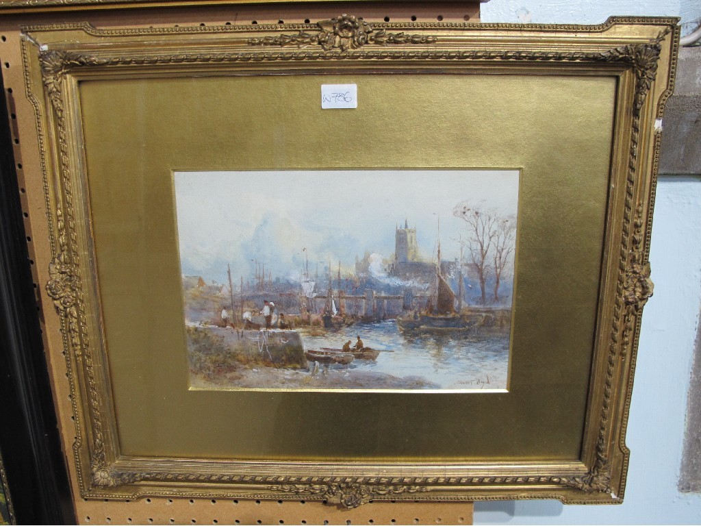 Appraisal: WALTER STUART LLOYD Watercolour river scene with a cathedral beyond