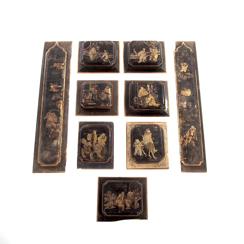 Appraisal: Nine Chinese Raised Lacquer and Wood Panels th century seven