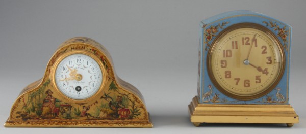 Appraisal: Two wooden clocks One wedgwood blue painted clock features oriental