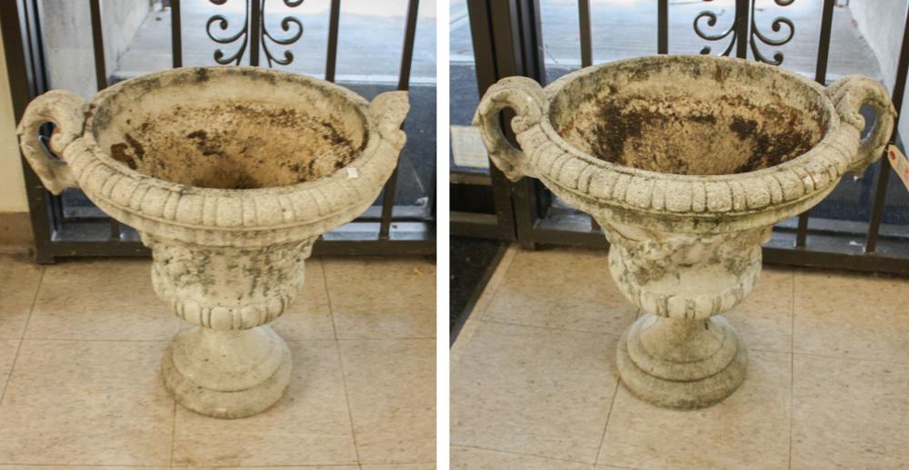 Appraisal: PAIR OF CONCRETE GARDEN PLANTERS footed inverted bell form with