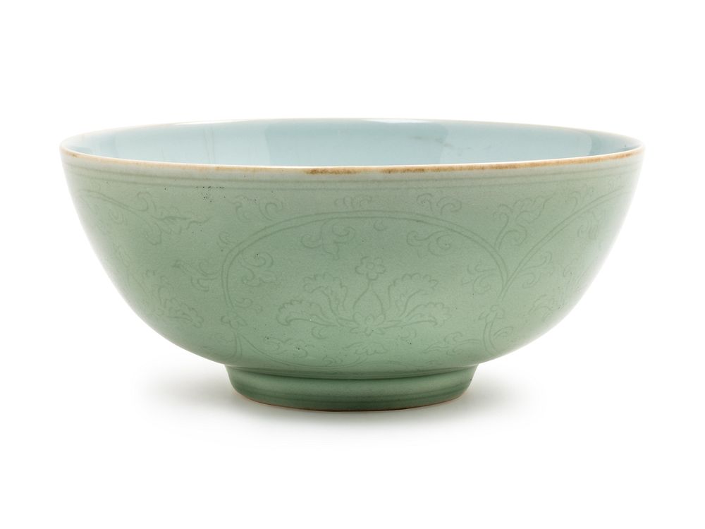 Appraisal: An Large Incised Celadon Ground Porcelain 'Lotus' Bowl Diameter in