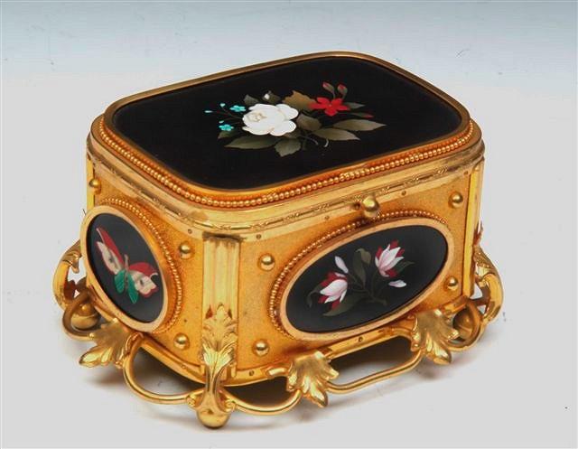 Appraisal: A CONTINENTAL PIETRA DURA AND GILT METAL CASKET stamped 'Moreau'