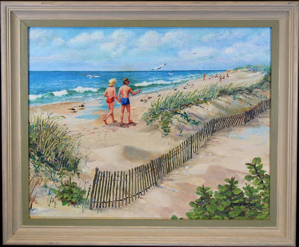 Appraisal: Signed th C Painting of Figures at the Beach Signed