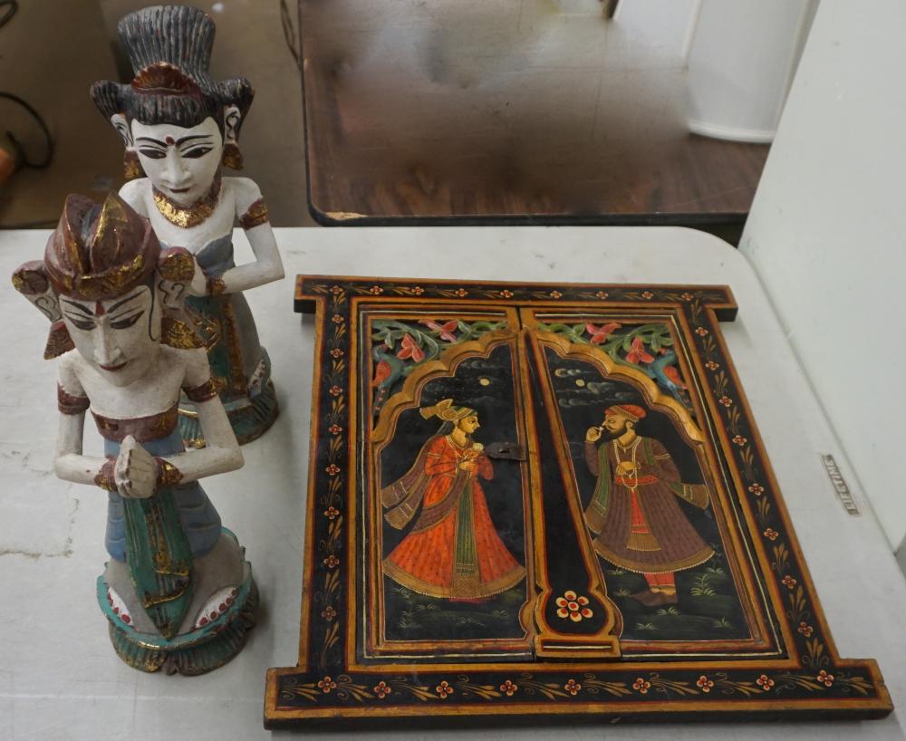 Appraisal: SOUTH ASIAN PAINTED WOOD FIGURES AND WALL PANELSouth Asian Painted