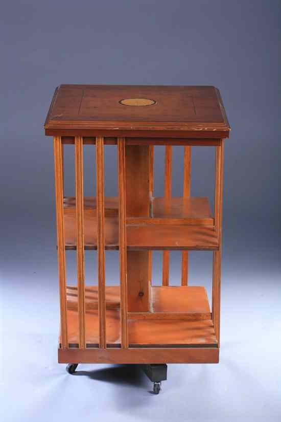 Appraisal: ENGLISH HEPPLEWHITE STYLE YEW WOOD TWO-TIER REVOLVING LIBRARY BOOK STAND