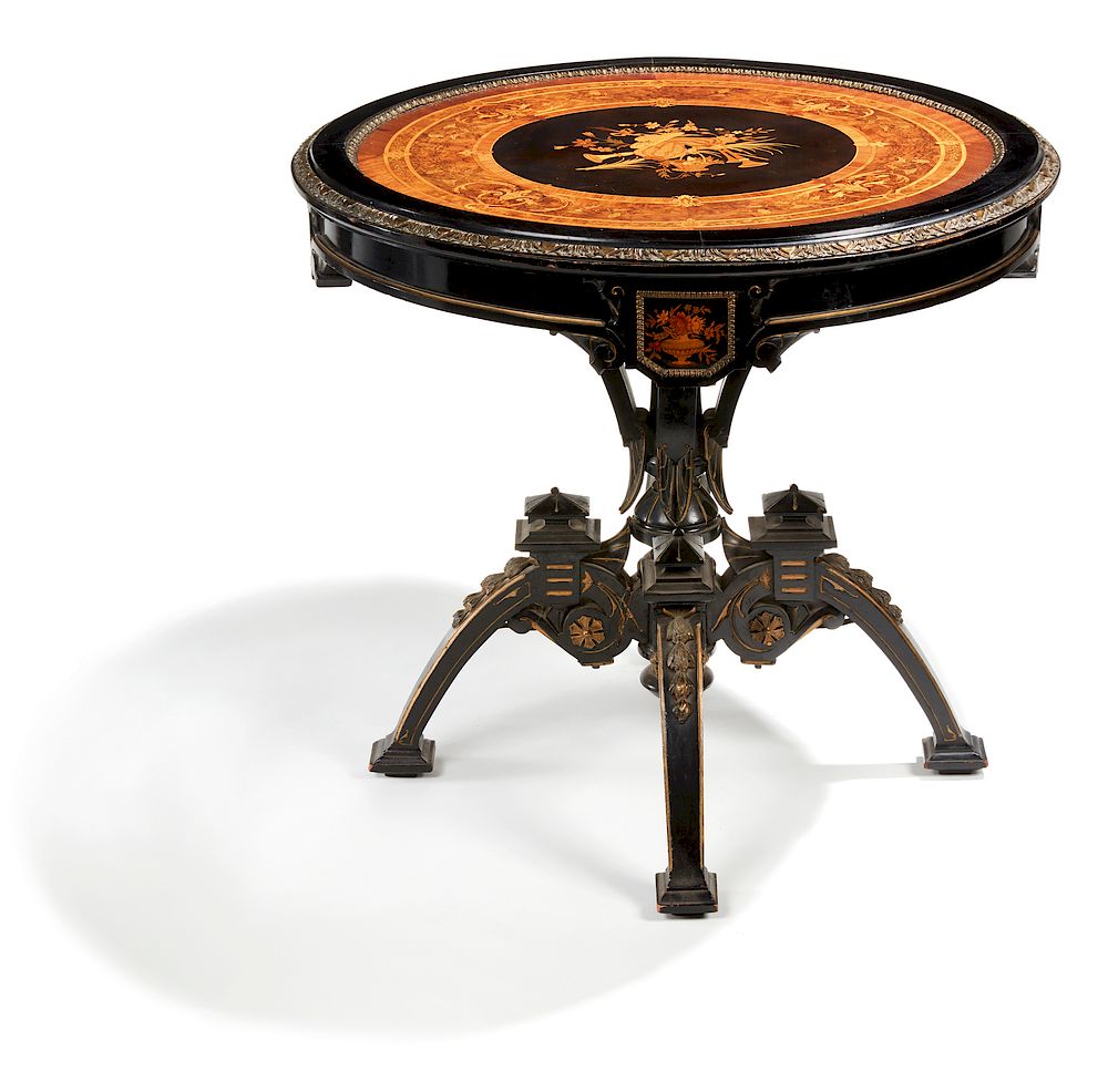 Appraisal: Parlor Table attributed to Pottier Stymus Ebonized and parcel gilt