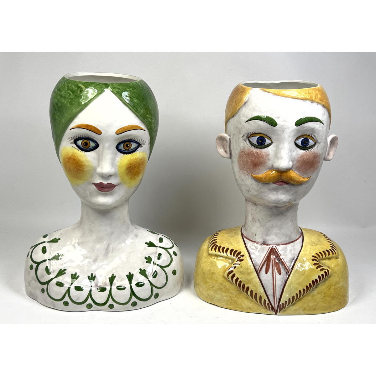 Appraisal: Pr HORCHOW Italian Pottery Head Vases Male and Female Vases