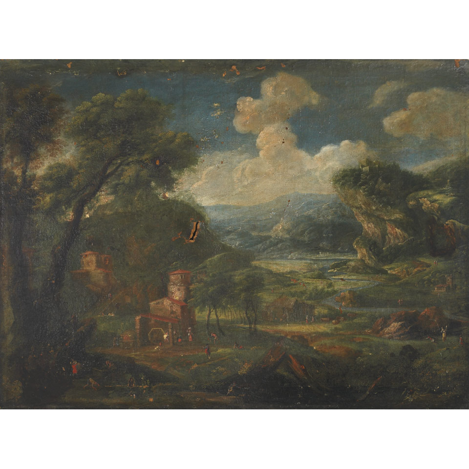 Appraisal: Follower of Francesco Zuccarelli - Italian EXTENSIVE LANDSCAPE WITH TOWNSFOLK