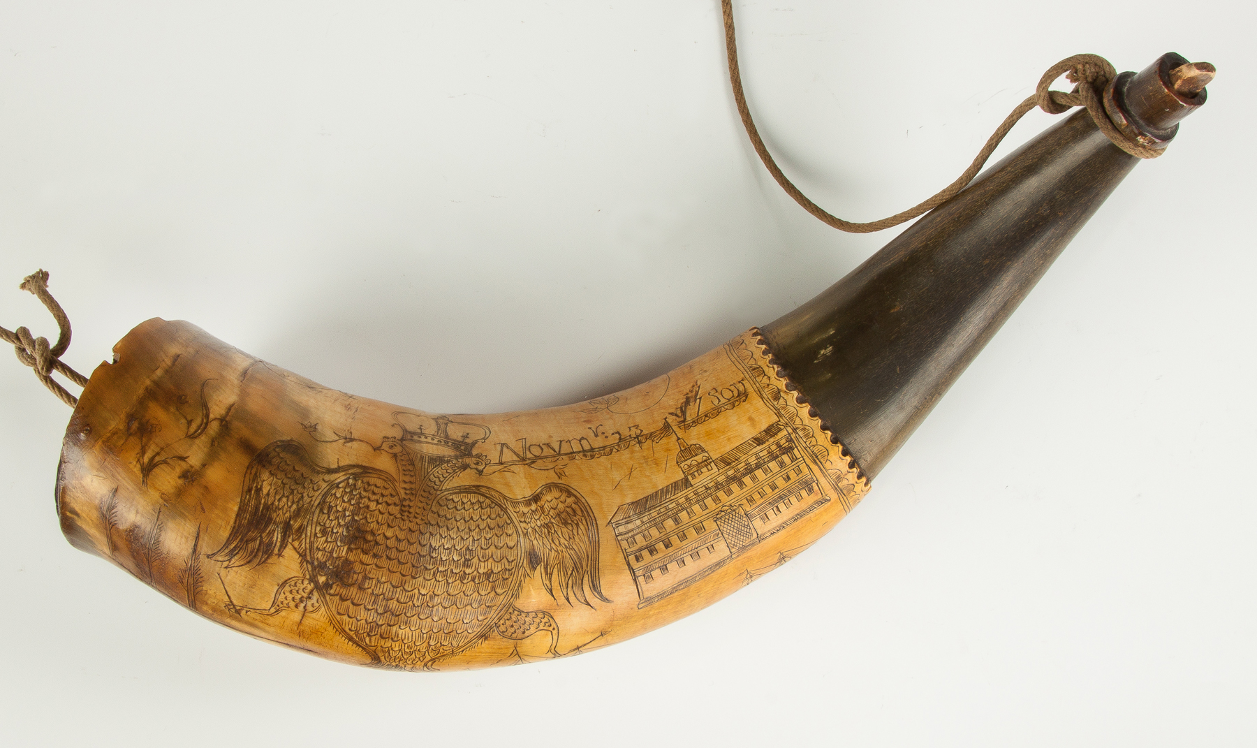 Appraisal: Engraved Powder Horn Dated Novm JJ Double eagle crown sailing