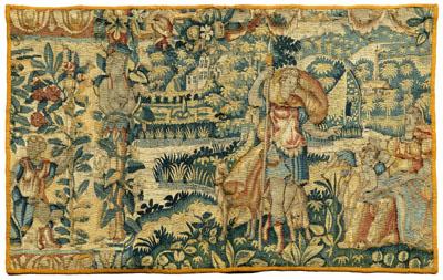 Appraisal: Tapestry fragment classical scene of soldier beside a seated woman