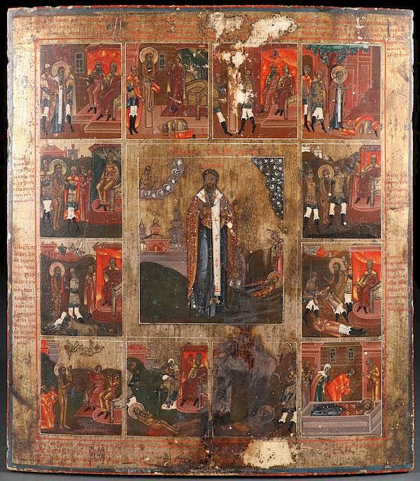 Appraisal: A RUSSIAN ICON OF ST KHARLAMPIY WITH LIFE SCENES A