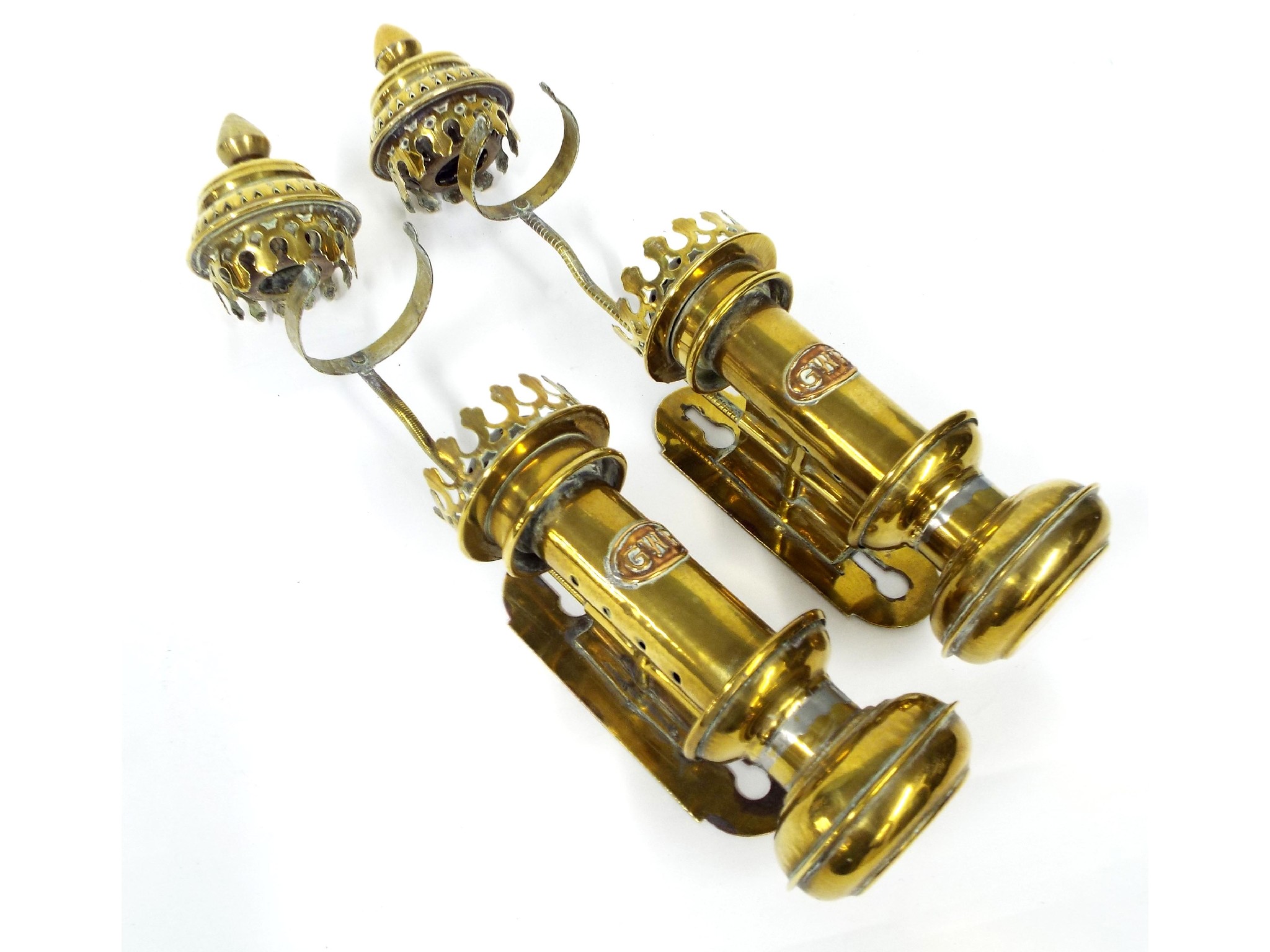 Appraisal: Pair of polished brass GWR carriage lights with pierced finials