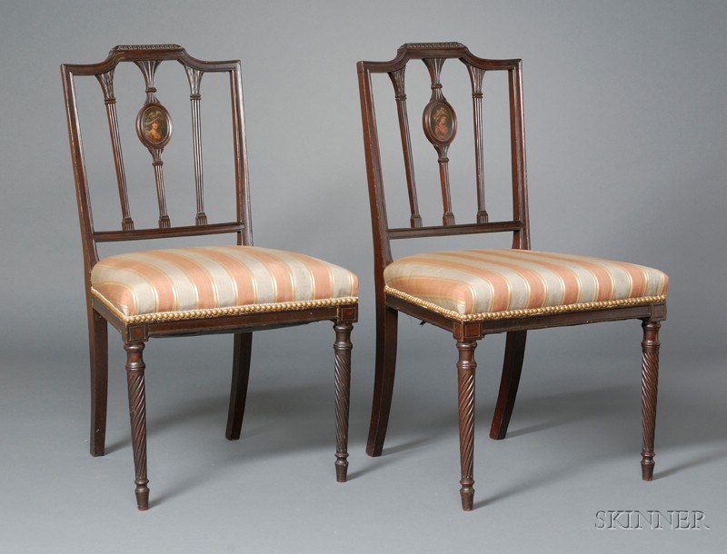 Appraisal: Pair of Regency-style Upholstered Carved Mahogany Side Chairs with Hand-painted