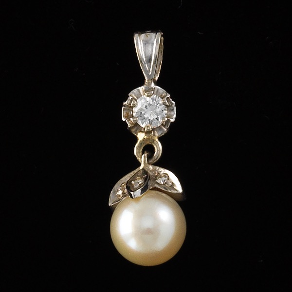 Appraisal: LADIES' VINTAGE PEARL AND DIAMOND DROP L including the bale