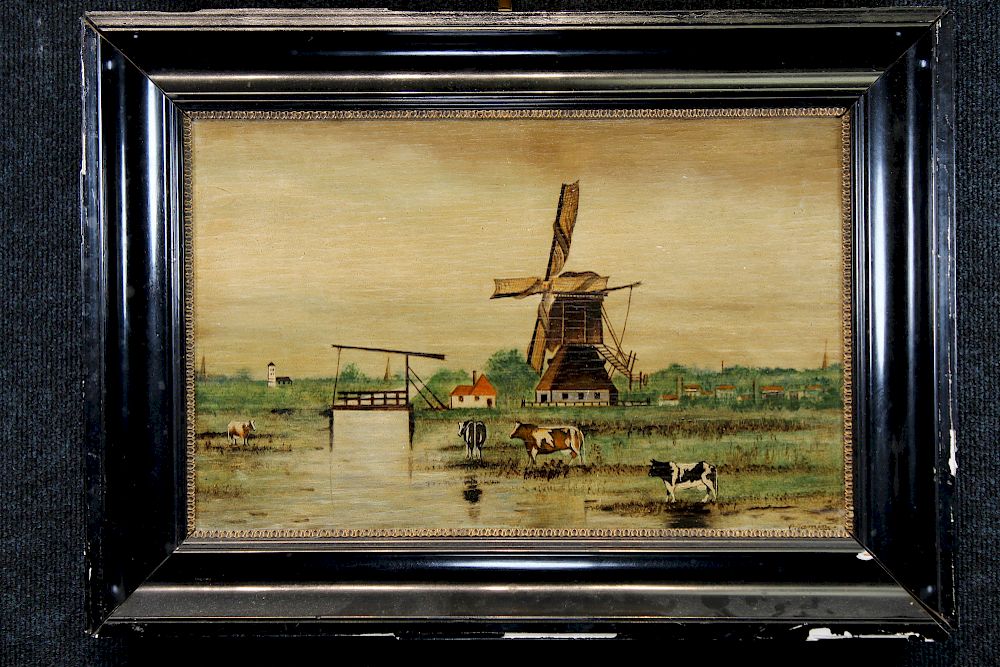 Appraisal: Dutch School Antique Bucolic Landscape w Windmill Dutch School Antique