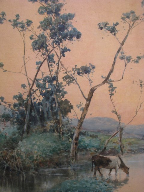 Appraisal: Watercolor landscape painting of cow at the waters edge Signed