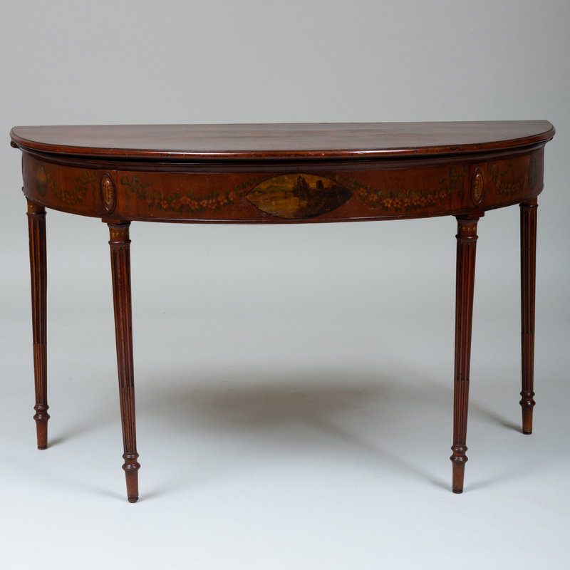 Appraisal: George III Mahogany and Painted Demilune Flip-Top Games Table The