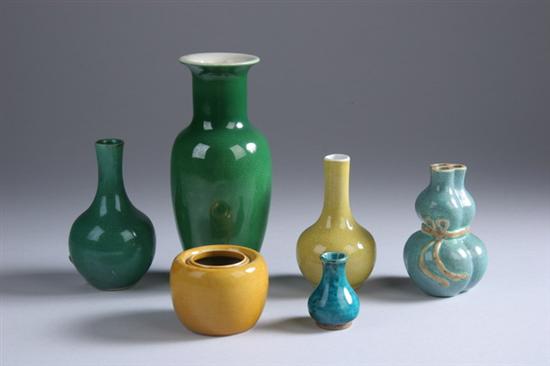 Appraisal: FIVE CHINESE MONOCHROME PORCELAIN VASES th century Two green vases