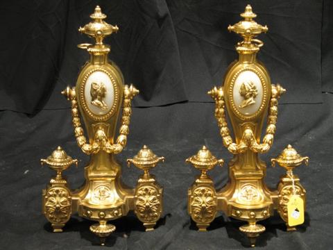 Appraisal: PAIR OF FRENCH GILT BRASS CHENETS With medallions on onyx