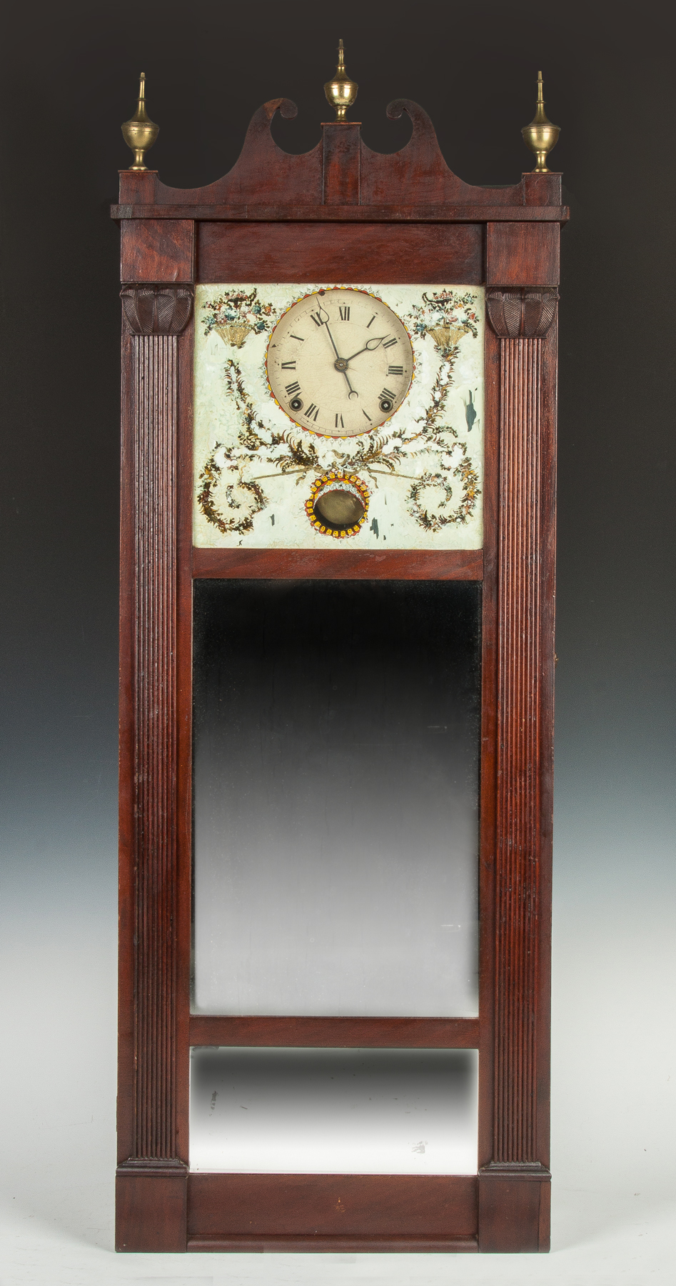 Appraisal: Joseph Ives Hanging Mirror Clock Grain painted case fluted and