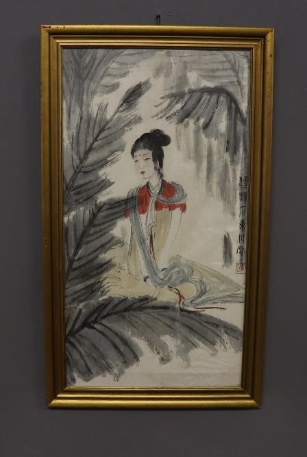 Appraisal: Chinese watercolor young woman with ferns signed x sight size