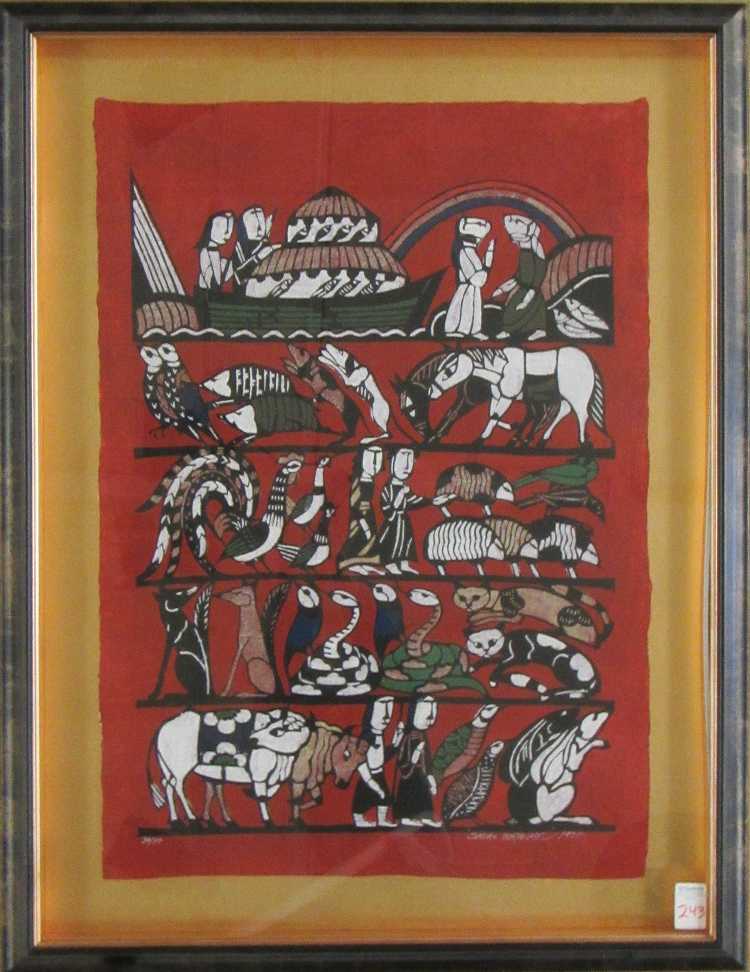 Appraisal: SADAO WATANABE COLOR STENCIL Japan - Noah's Ark Signed lower