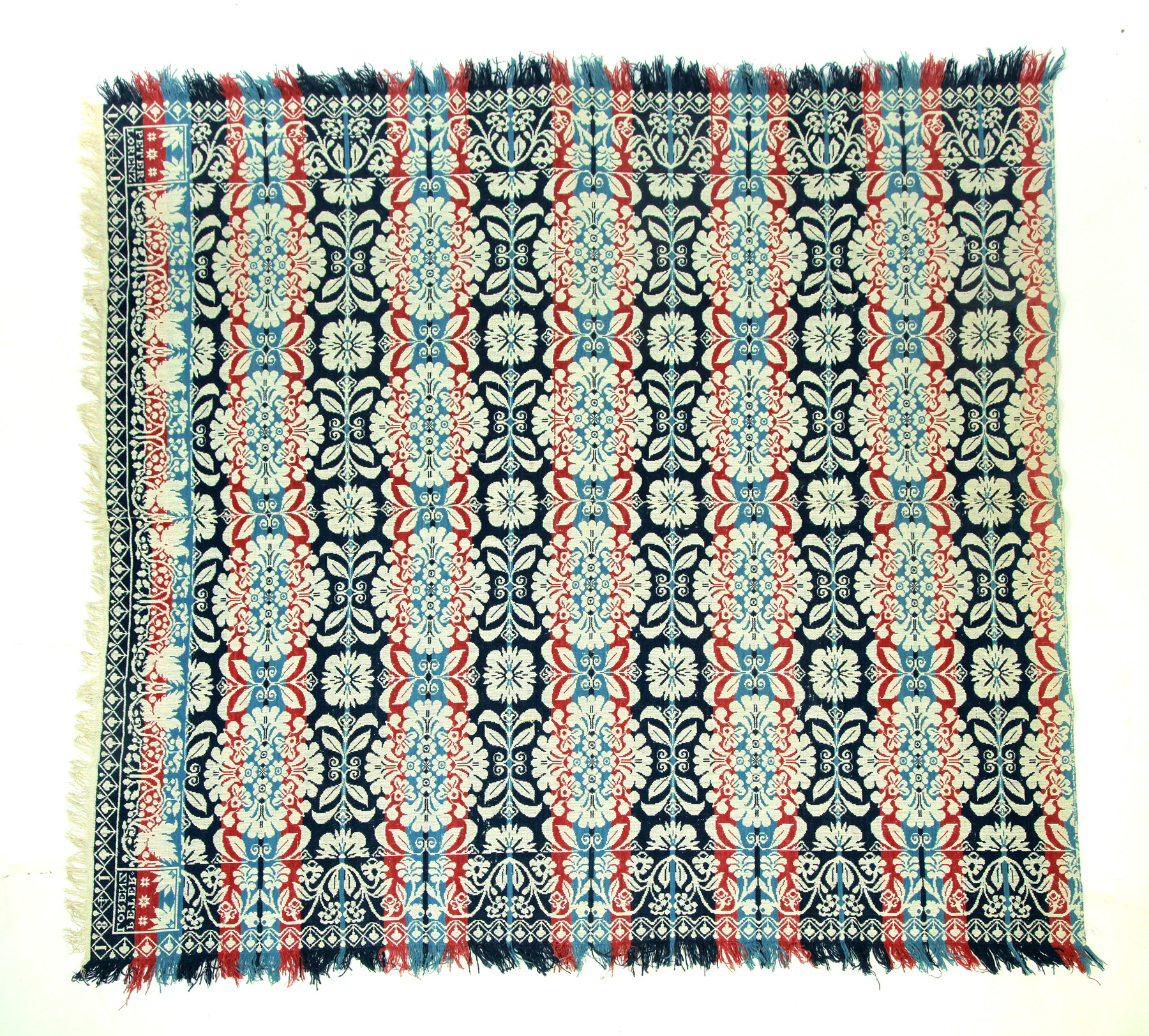 Appraisal: JACQUARD COVERLET Woven by Peter Lorenz Ohio or Indiana wool