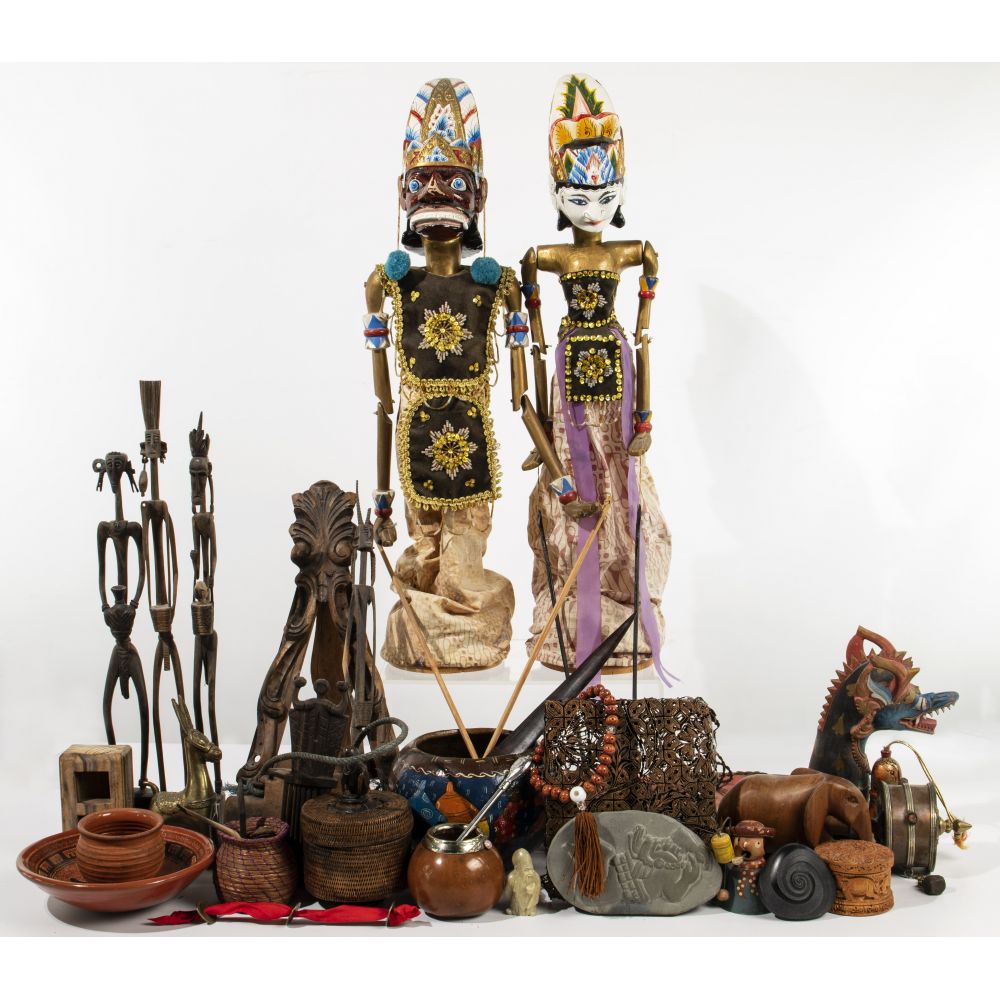 Appraisal: ETHNOGRAPHIC OBJECT ASSORTMENT items including painted Indonesian Wayang Golek puppets