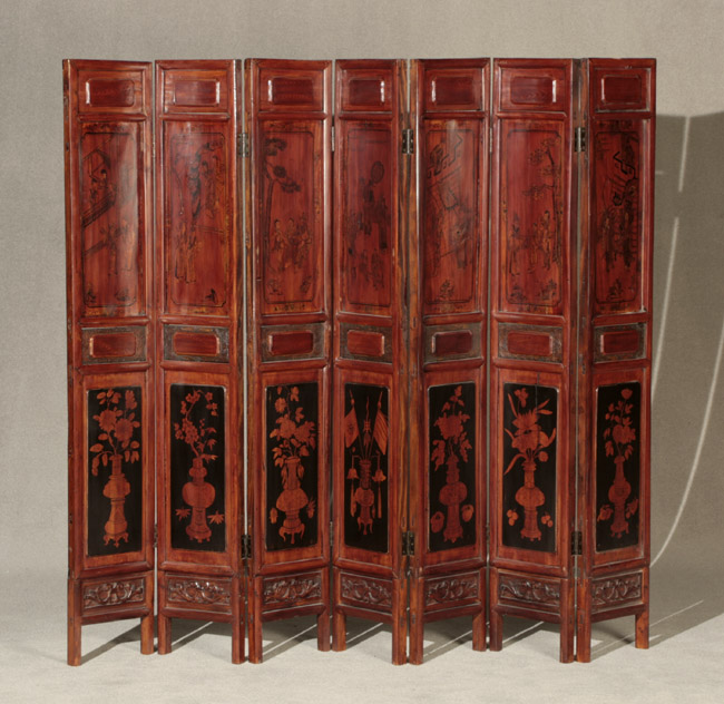 Appraisal: Chinese Grisaille and Gilt Decorated Rouge Lacquered Shan Seven-Panel Screen