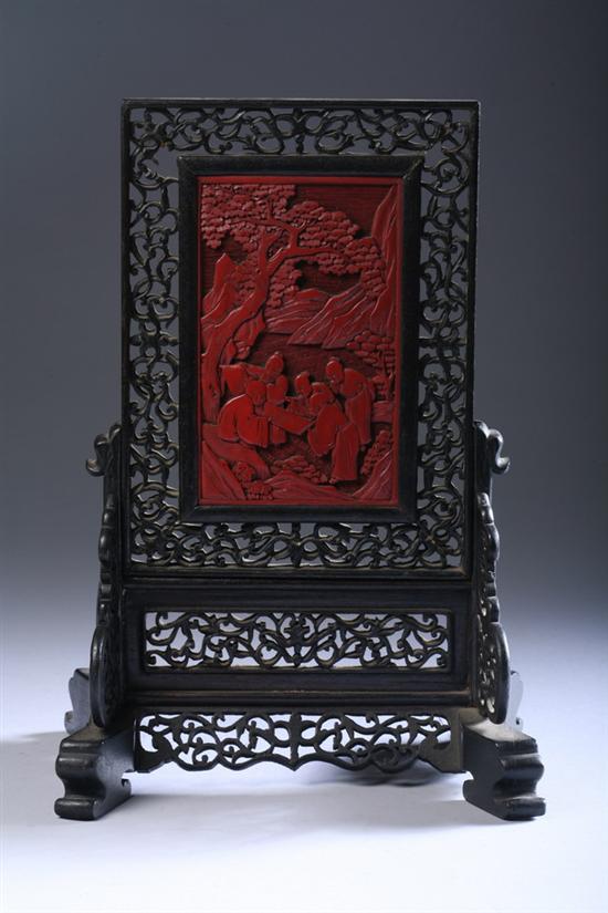 Appraisal: CHINESE CINNABAR AND WOOD TABLE SCREEN th century - in