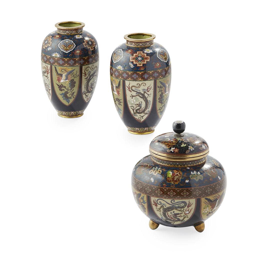 Appraisal: PAIR OF CLOISONN ENAMEL OVOID VASES MEIJI PERIOD decorated with