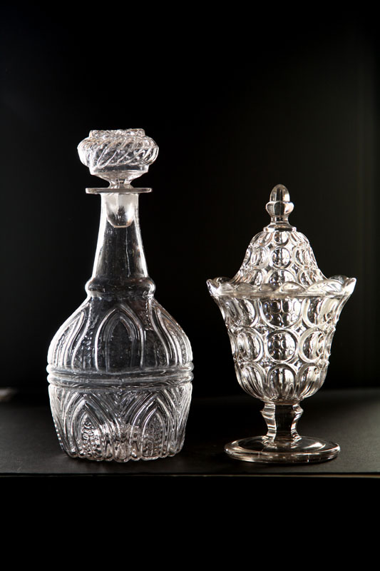 Appraisal: GLASS DECANTER AND COVERED SUGAR American th century -Mold baroque