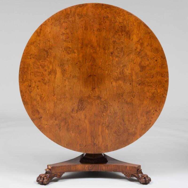 Appraisal: Regency Burl Yew Tilt-Top Center Table With a paper label