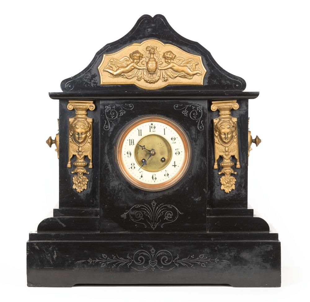 Appraisal: French Bronze-Mounted Marble Mantel Clock c striking gong movement dial