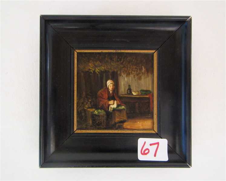 Appraisal: DUTCH MINIATURE OIL ON PORCELAIN An interior scene with woman